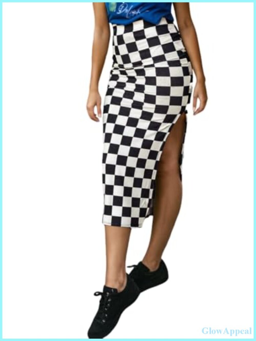 Women's Checkered Slit Midi Skirt High Rise Bodycon Stretch Summer
